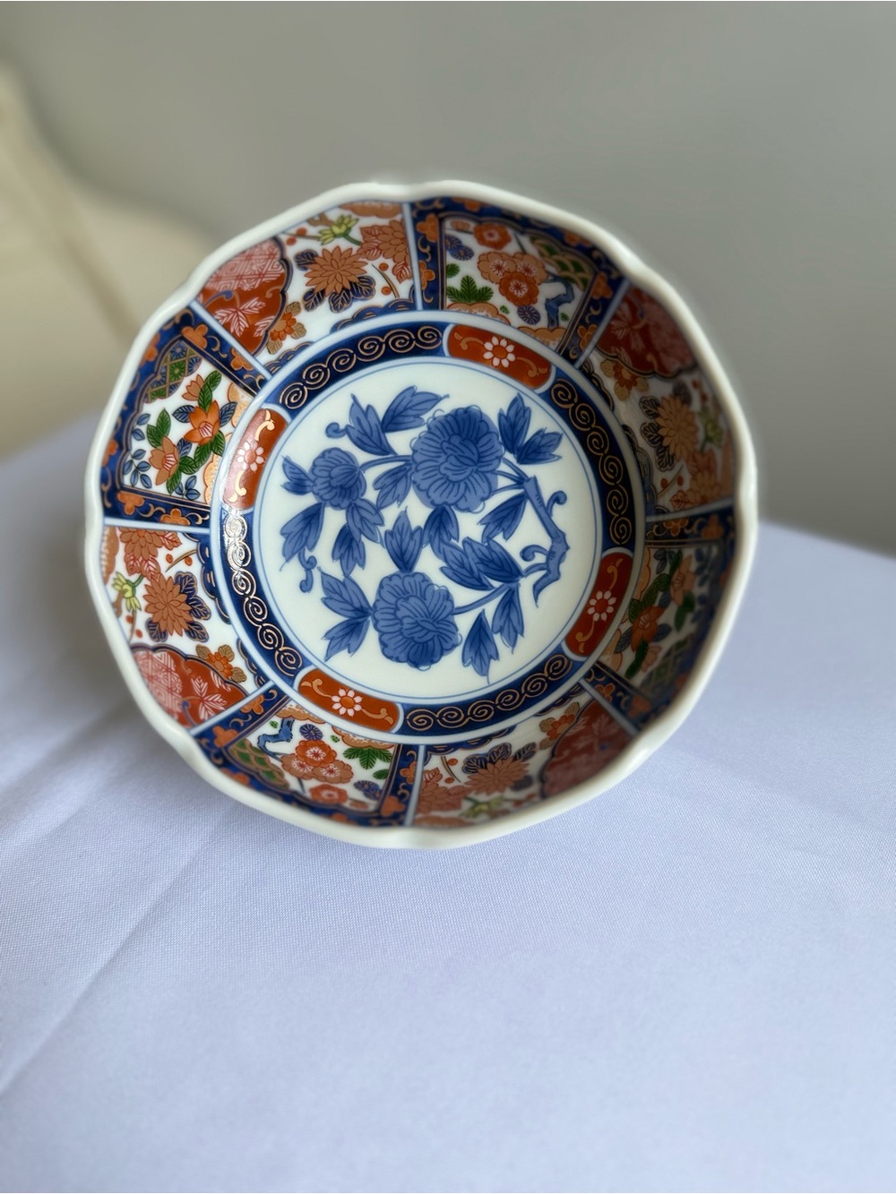 Blue and Orange Floral Porcelain Serving Bowl by
